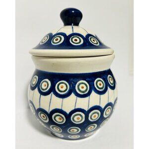 Polish Pottery Canister Lidded Peacock Pattern  Bullseye Boleslawiec Poland 6x4